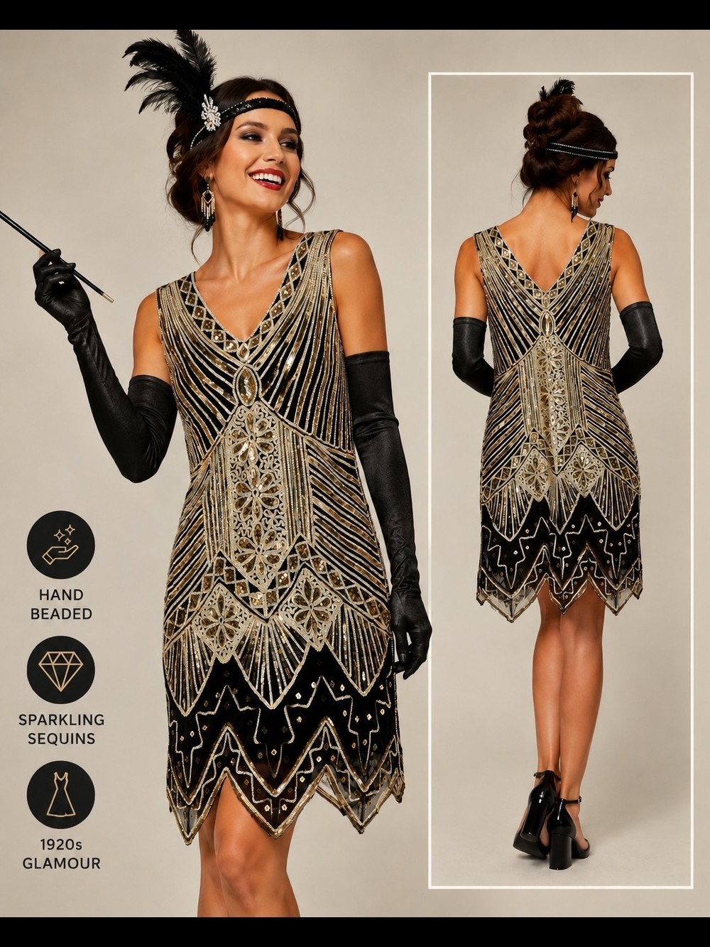 Gold & Black Beaded Flapper Dress - Vintage 1920s Style- Size Medium